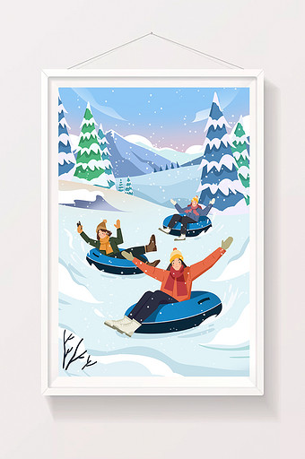 蓝色冬季扁平滑雪插画图片