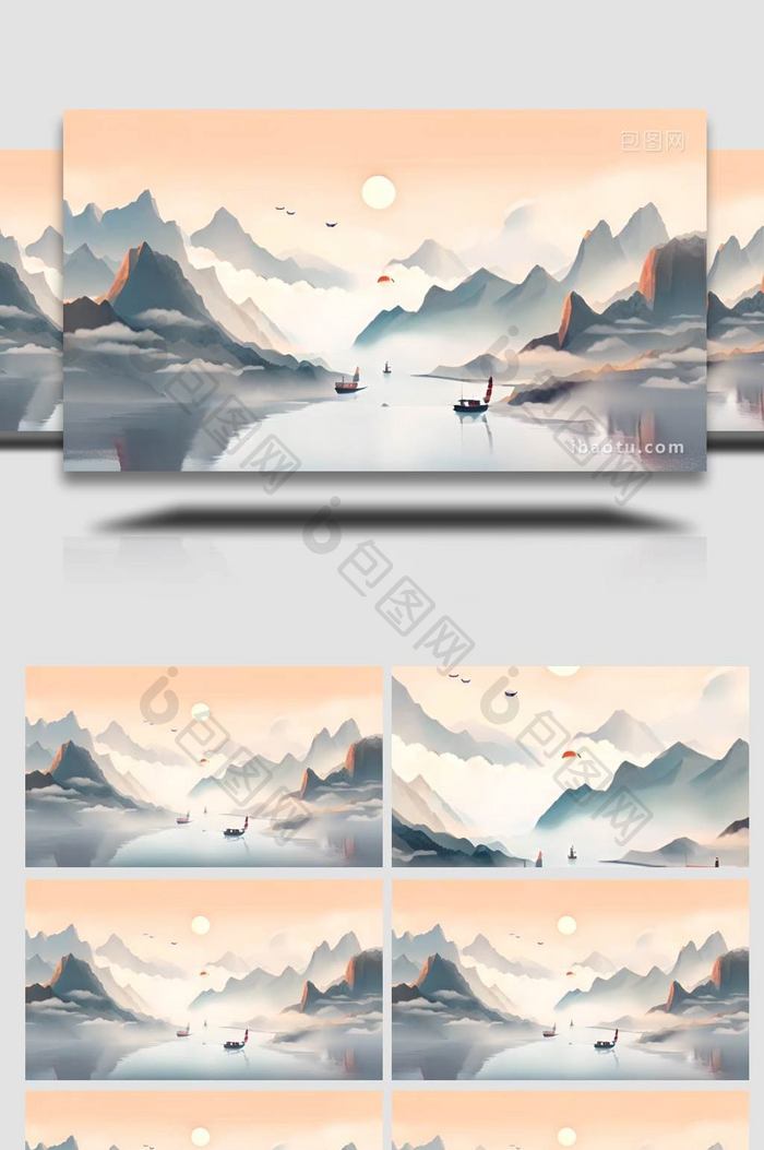 中式山水风插画背景视频