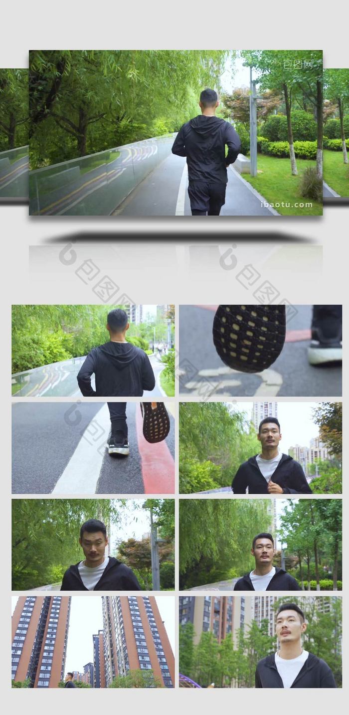 清晨年轻男性在小区园林跑步实拍