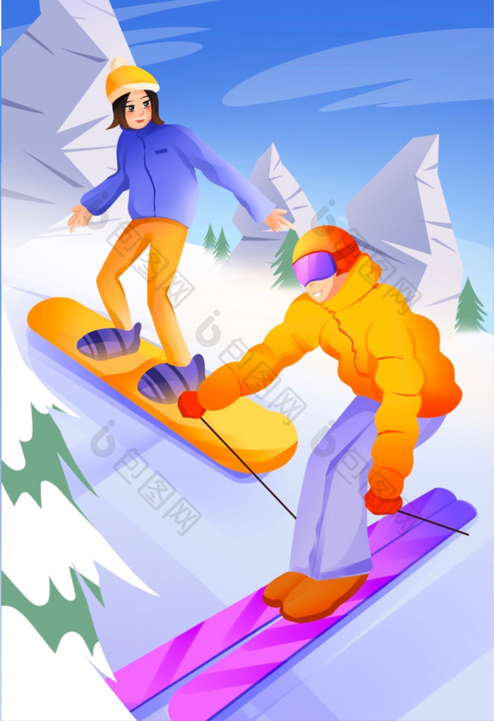 冬季运动滑雪运动员雪山扁平插画