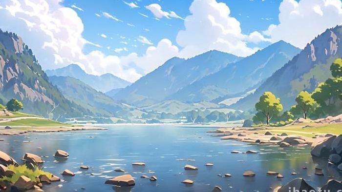 山川湖泊蓝天白云插画视频背景