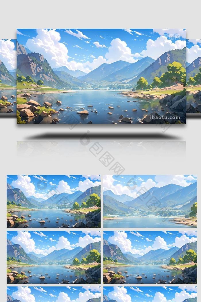 山川湖泊蓝天白云插画视频背景