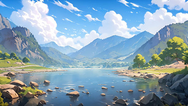 山川湖泊蓝天白云插画视频背景