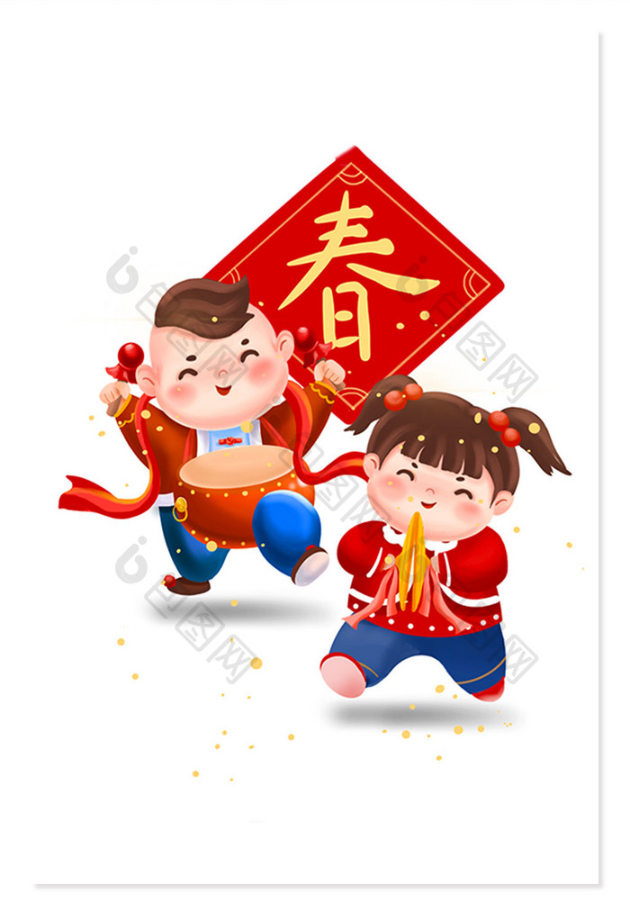 新春场景双人小孩3敲锣打鼓