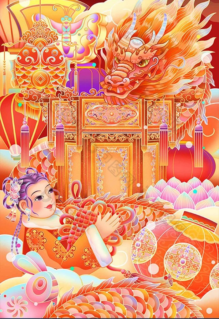 龙年花灯中国风新年春节插画