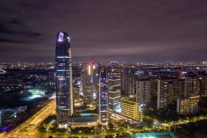 广州城市夜景灯光cbd内透航拍