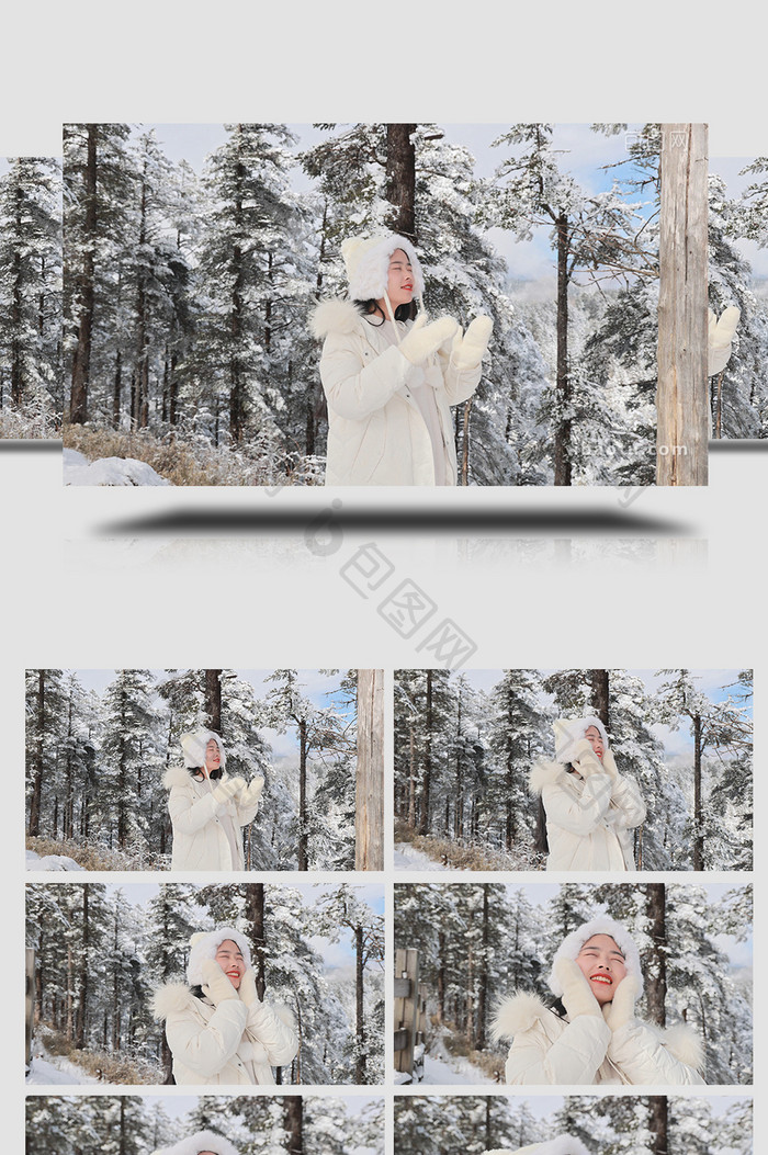 冬季女孩欣赏唯美雪景4K实拍