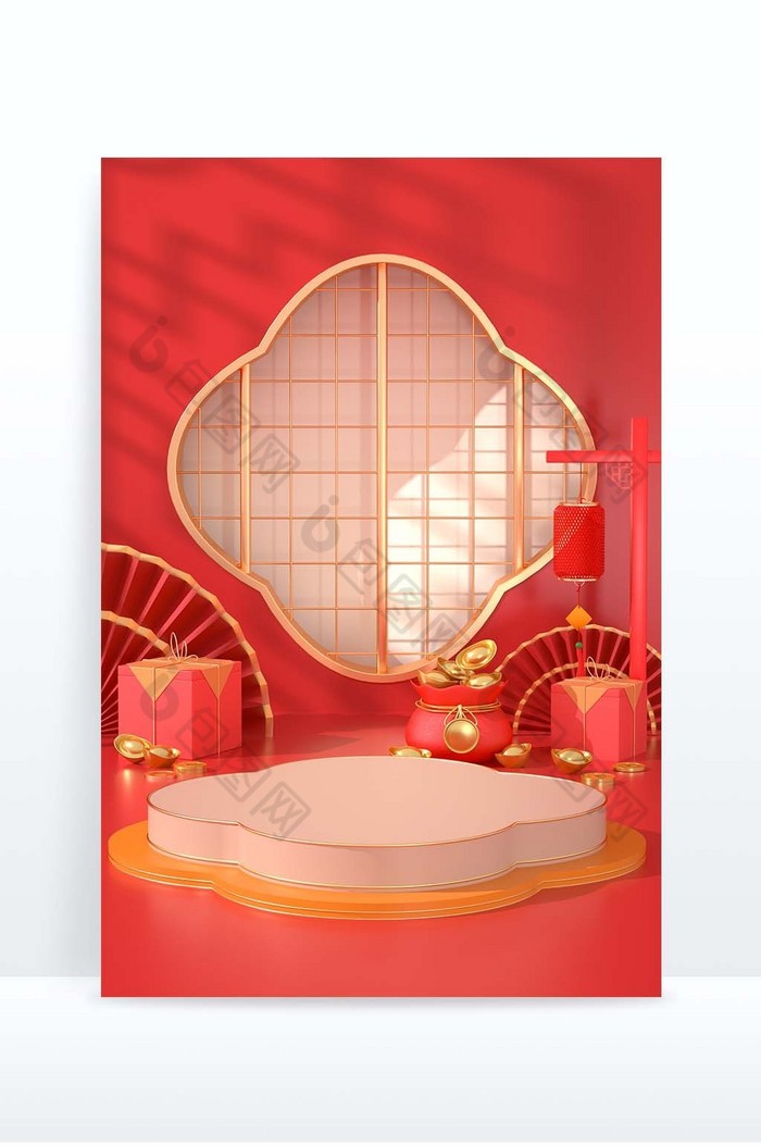 春节新年红色中国风3D场景展台图片图片