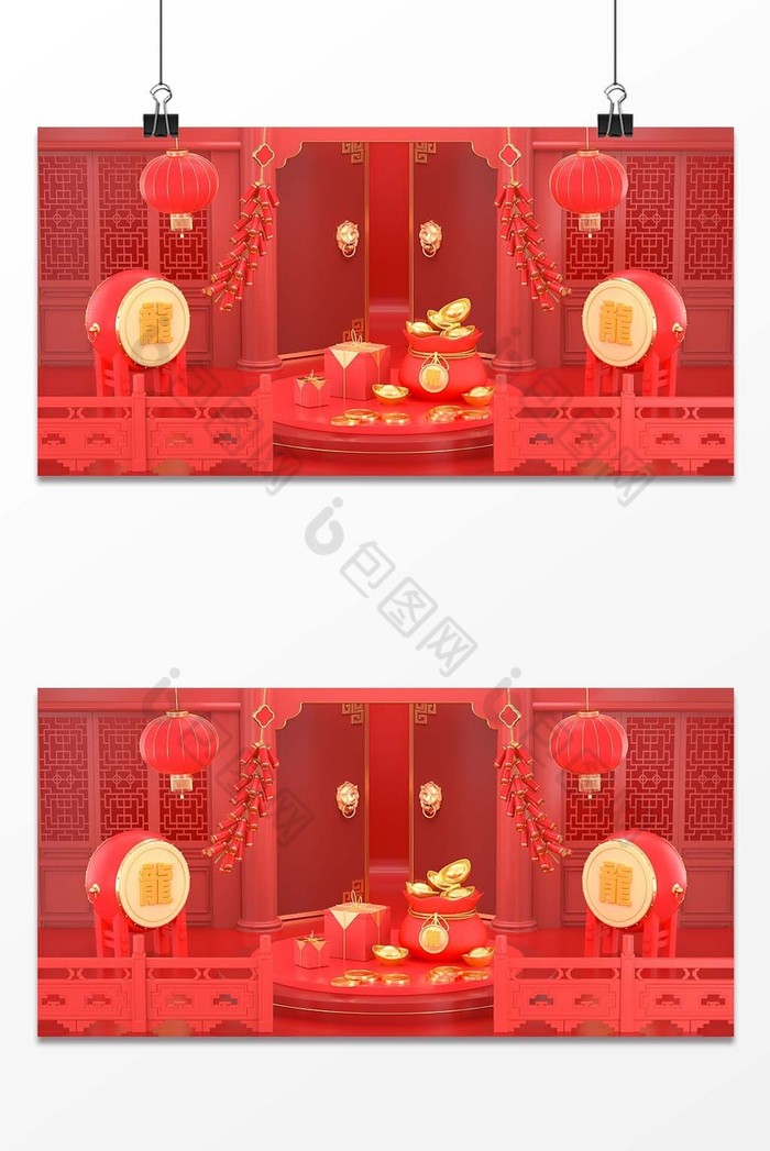 红色喜庆中国风新年3D展台春节场景图片图片