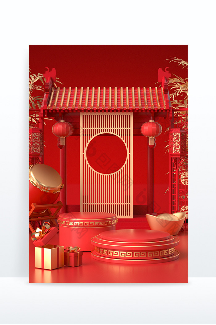 春节新年红色古风立体电商展台图片图片