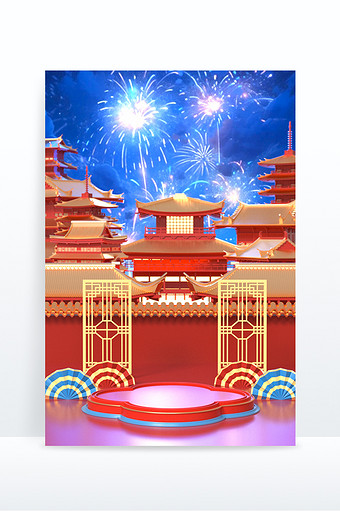 新年喜庆气氛中国风烟花夜景场景图片