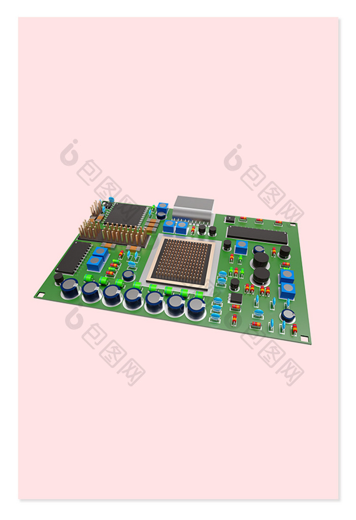 3D立体绿色电子芯片电路板元素