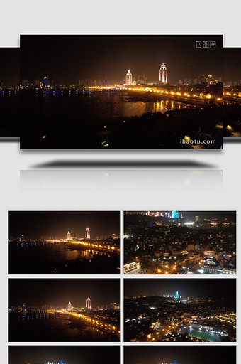 城市青岛建筑CBD滨海夜景航拍图片