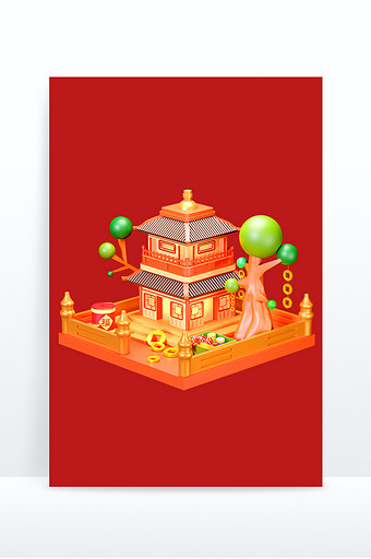 年货节新年古风建筑电商场景红色图片