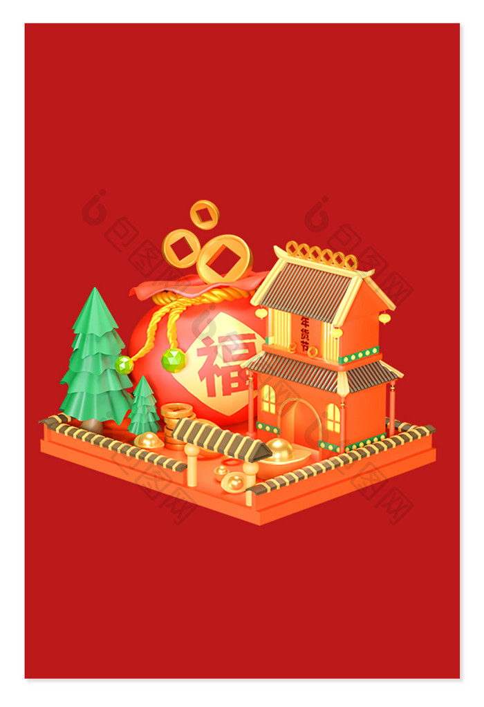 古风建筑场景中国风电商新年红色