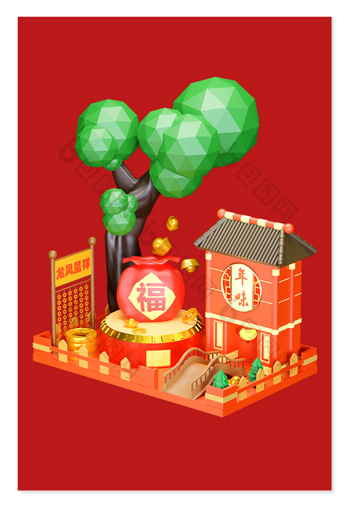中国风红色电商年货节古风场景
