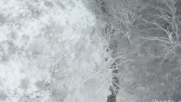 冬季树枝上的雾凇积雪小河航拍