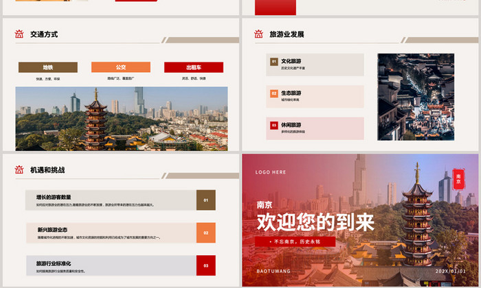 红色南京旅游城市介绍PPT模板