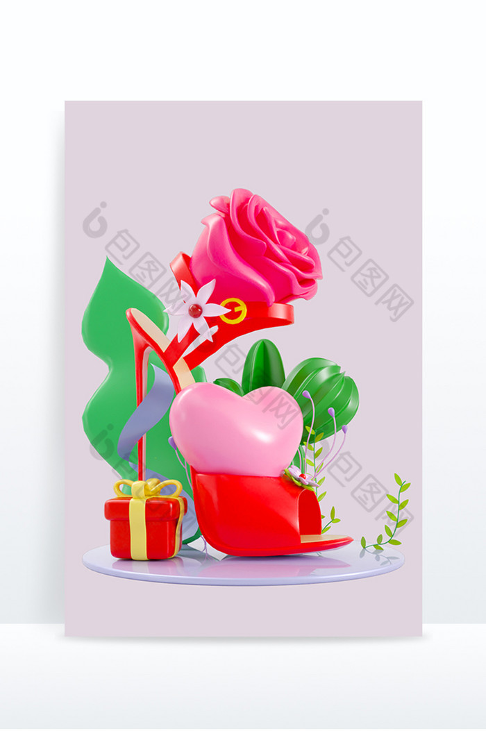 红色女神节爱心礼盒绿植3D元素图片图片