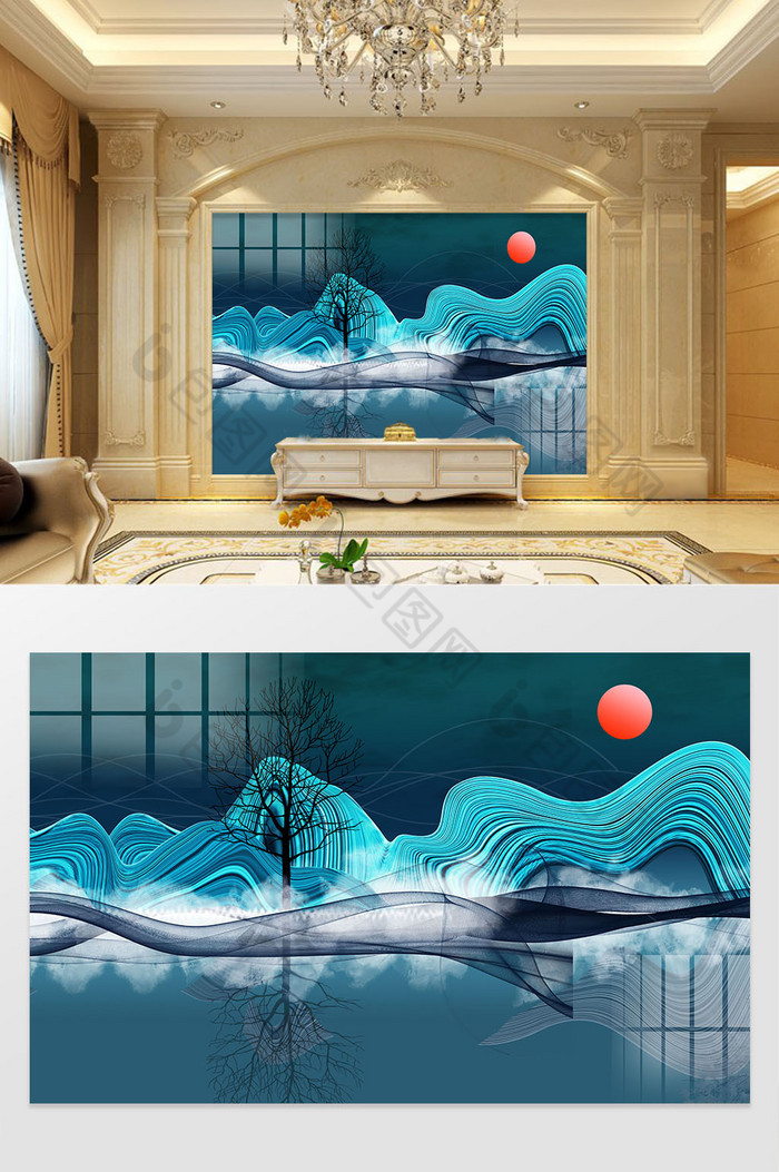 新中式山水线条古风背景墙图片图片