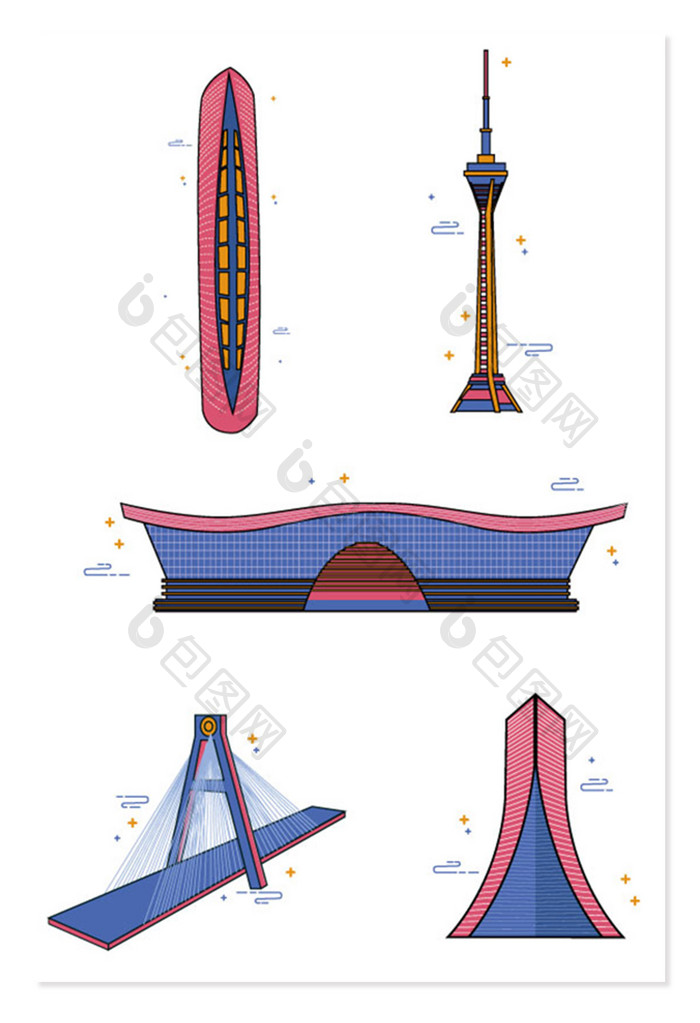 成都城市地标矢量扁平画线描手绘