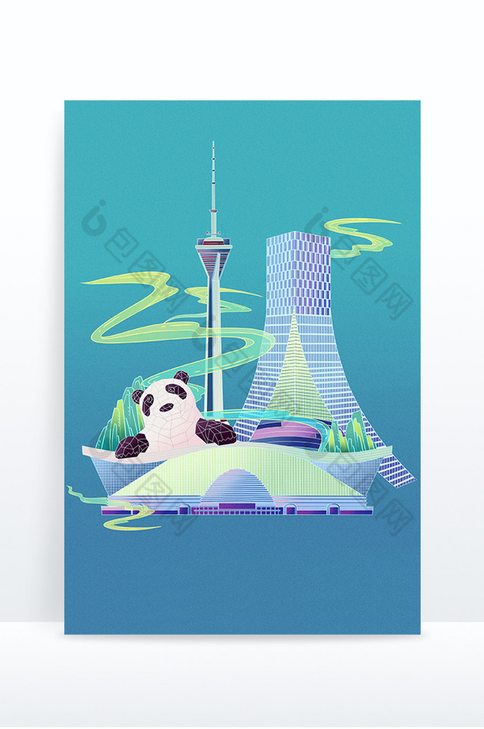 成都城市地标建筑手绘大熊猫