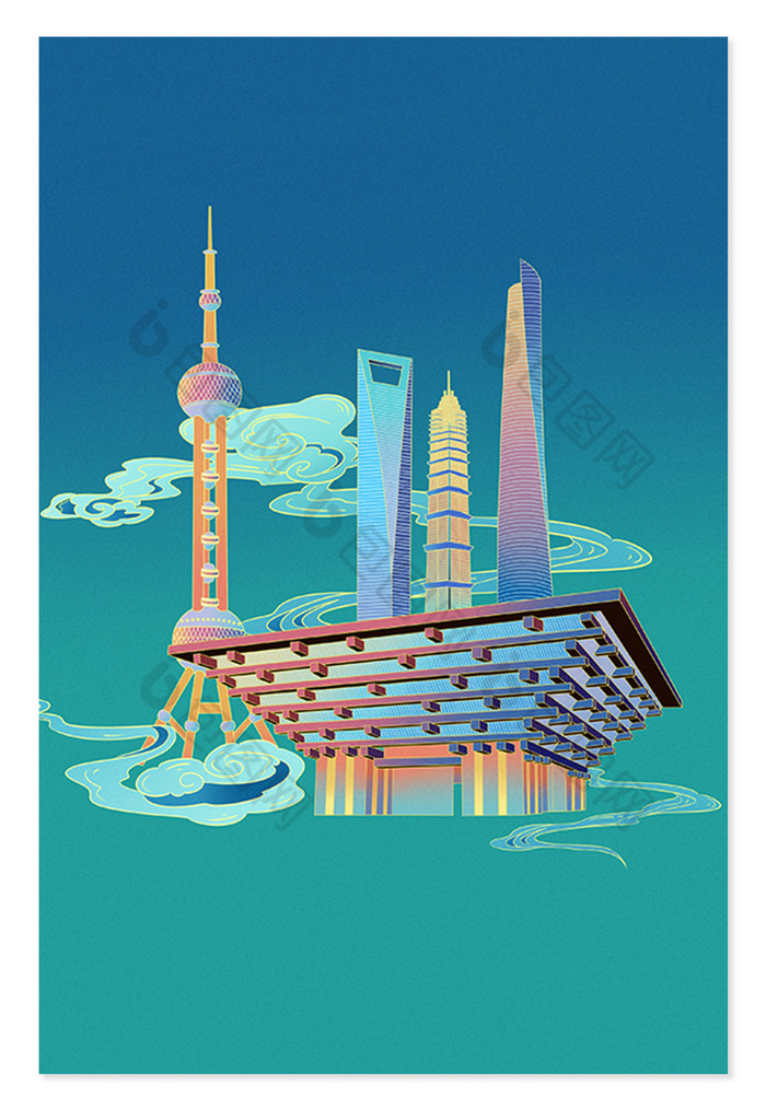 上海城市地标建筑手绘东方明珠