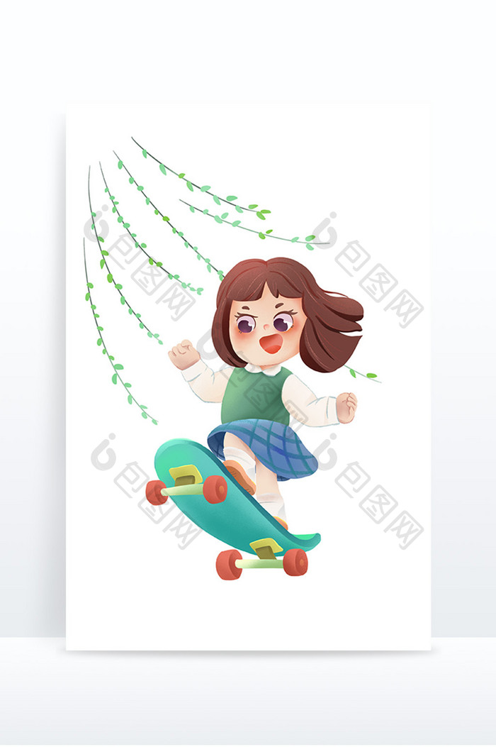 儿童风卡通春天滑板少女