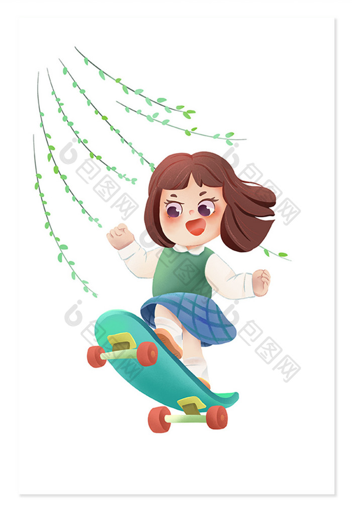 儿童风卡通春天滑板少女