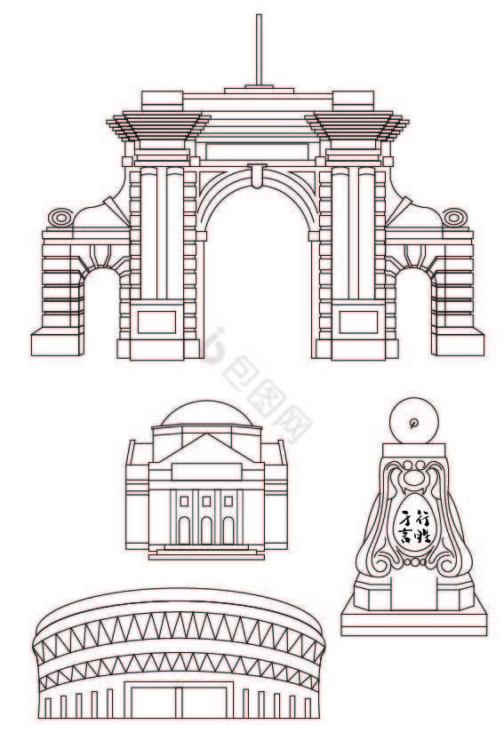 清华大学地标线描图片