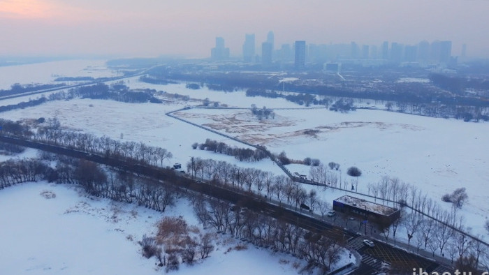 哈尔滨松北区冬天雪景航拍