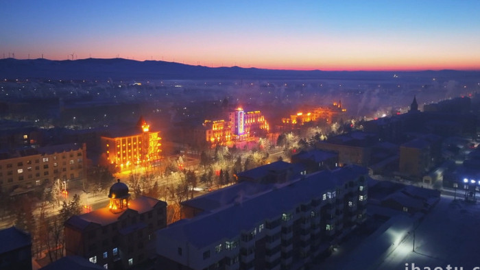 额尔古纳城市内蒙古冬天夜景航拍