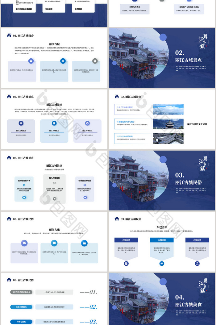 蓝色丽江古镇旅游景点PPT模板