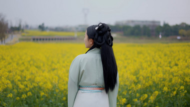 唯美美女在菜花田中欣赏风景实拍