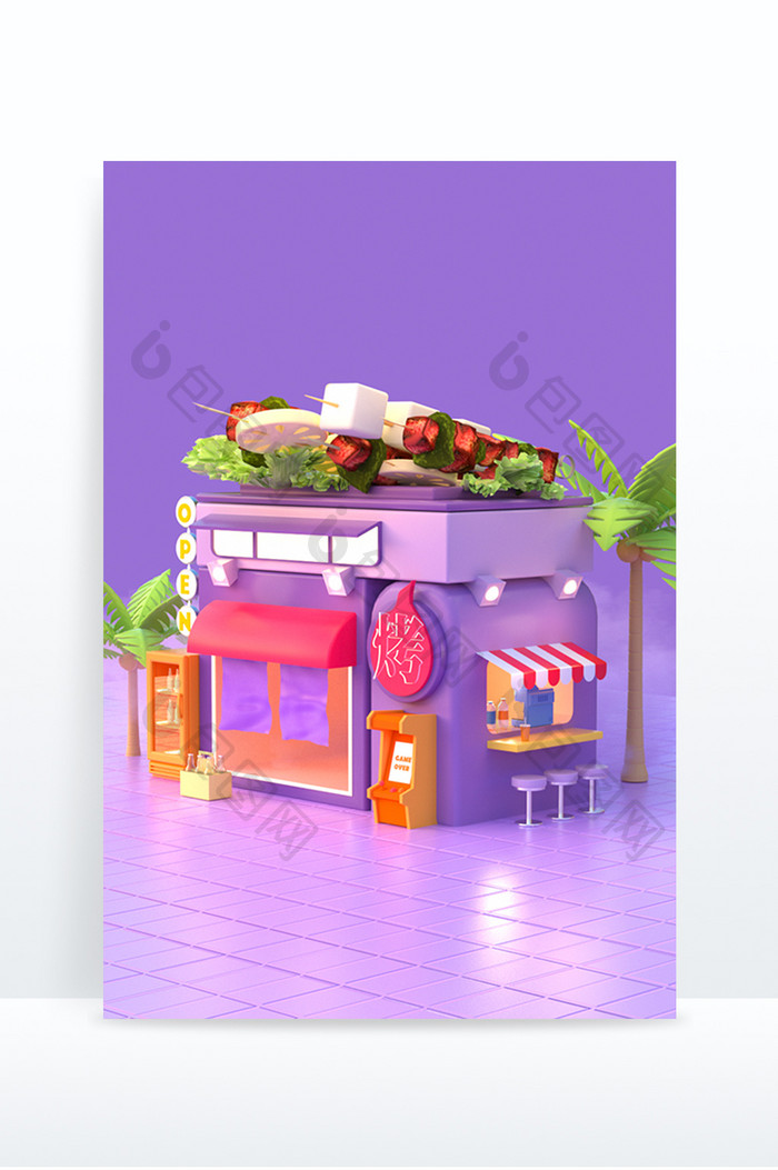 紫色烧烤夜店美食店铺场景素材