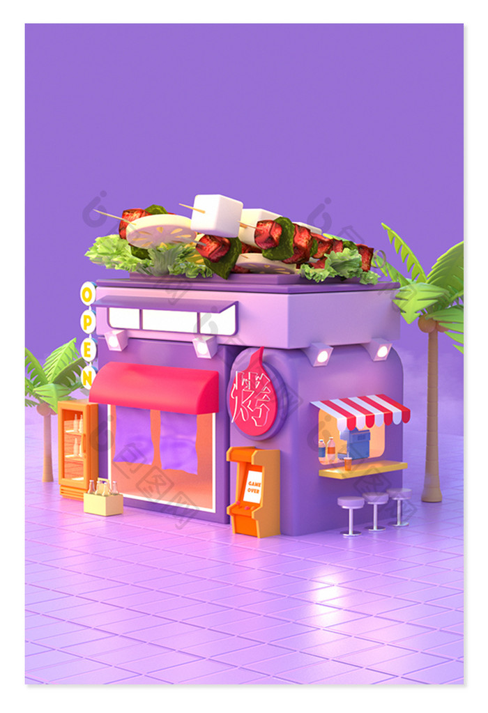 紫色烧烤夜店美食店铺场景素材