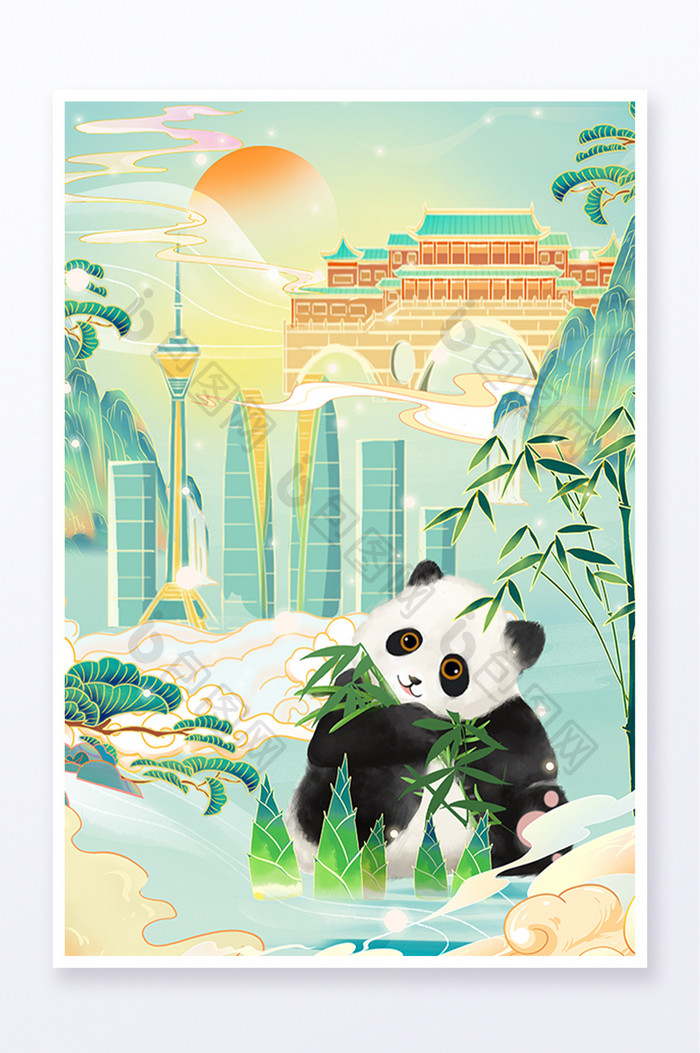 国潮中国风成都熊猫城市建筑插画