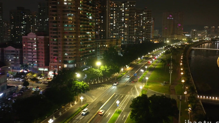 珠海情侣中路道路夜景灯光航拍