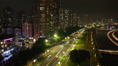 珠海情侣中路道路夜景灯光航拍