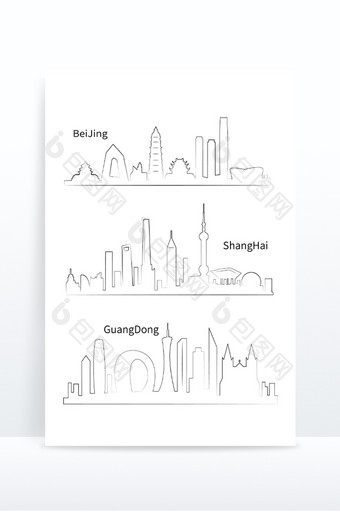 城市地标集合北京上海广东线描图片