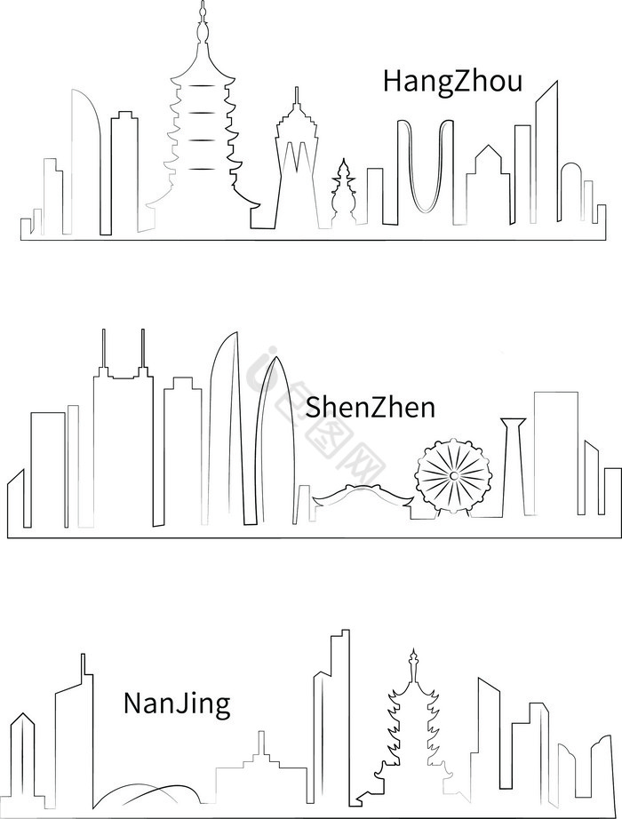 城市地标集合杭州深圳南京线描图片