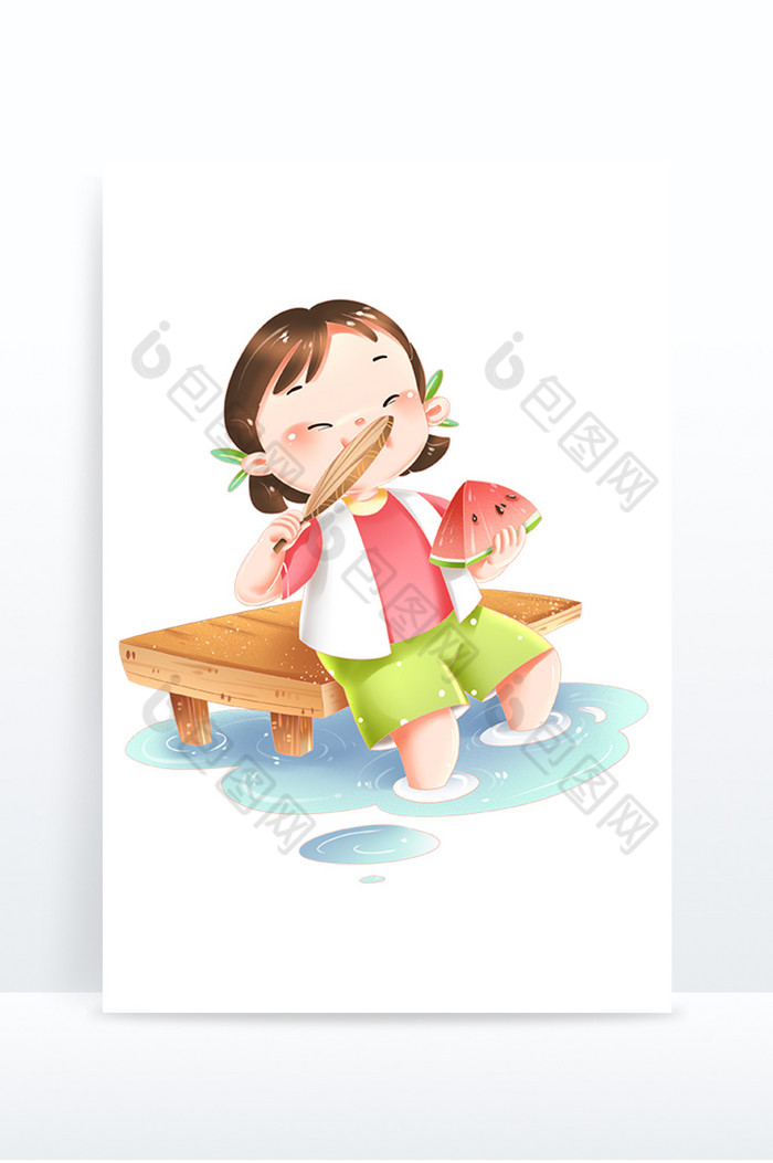 夏季儿童河边乘凉吃西瓜图片图片