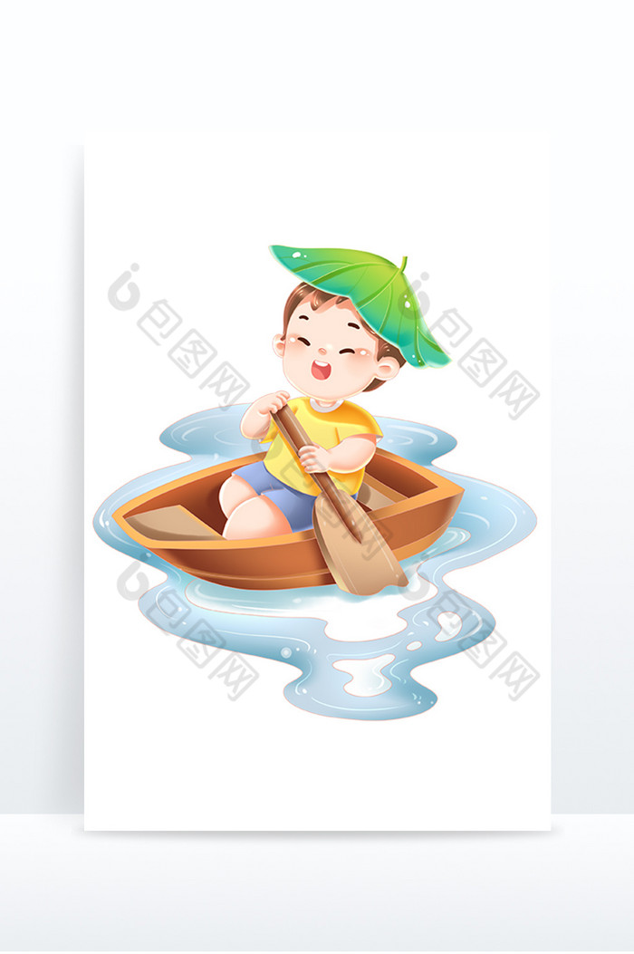 夏季男孩头顶荷叶泛舟划船图片图片