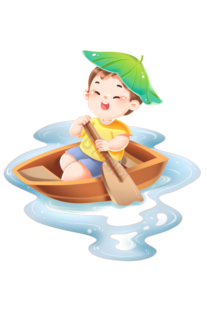 夏季男孩头顶荷叶泛舟划船