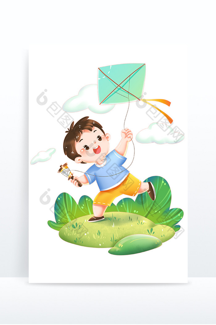 卡通夏季儿童踏青放风筝人物形象