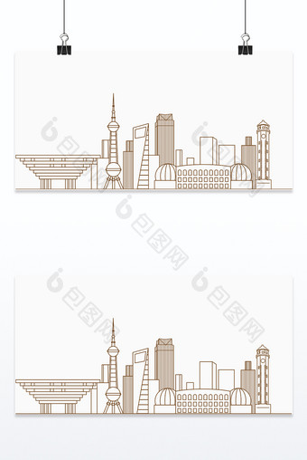 城市主题线描城市地标集合图片