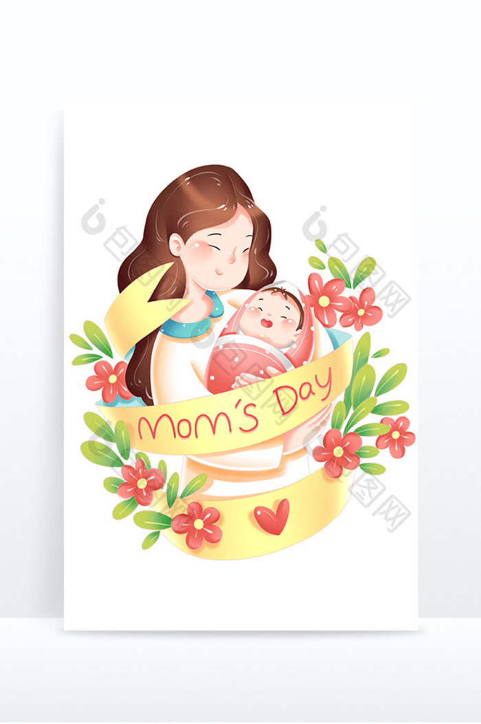 母亲节妈妈和婴儿花卉装饰场景
