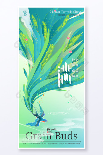 小满节气麦子飞燕色彩海报图片