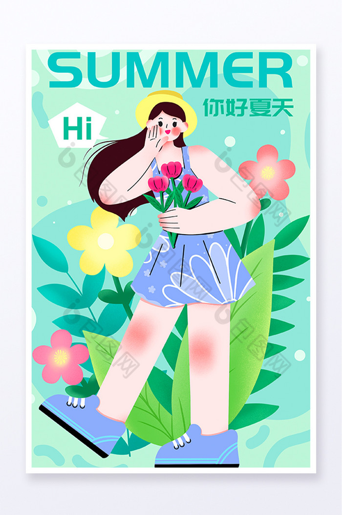 拿着花朵的女孩插画图片图片