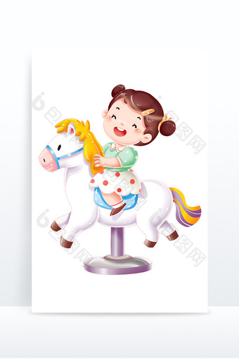 卡通儿童节小女孩骑木马游戏场景图片